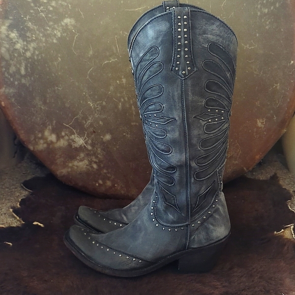 LIBERTY Black LB711510 tall "Graffito Vintage" distressed cowgirl boots sz 8.5 - Picture 6 of 16